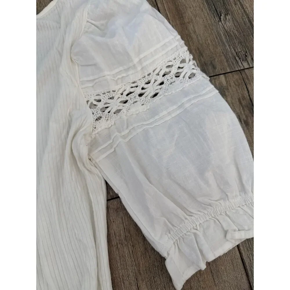 Free People Something Special Tee Size S Ivory Stretch Floral Lace Puff Sleeve